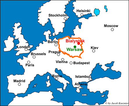Białystok on the map of Europe