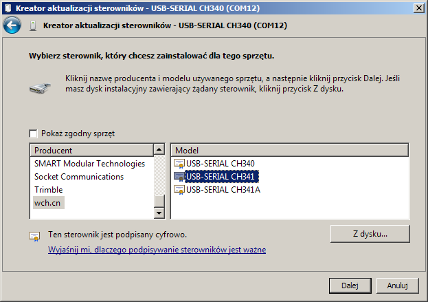 Ręczny wybór sterownika w Windows 7